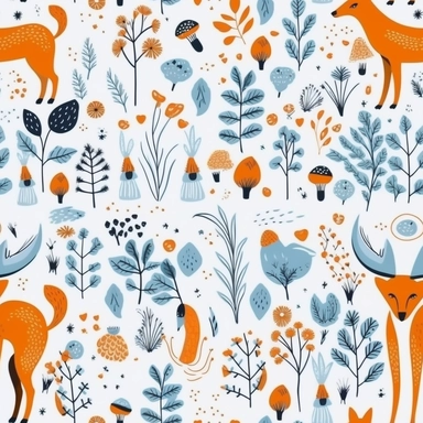 collection of free clipart of creatures, animals and flowers, in the style of light blue and amber, allover composition, joyful celebration of nature, 20th century scandinavian style, forestpunk, gestural outlines, feminine sticker art, white background, seamless repeating pattern