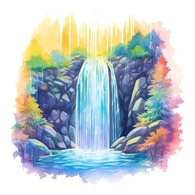 holographic waterfall scene with a spring theme, featuring the waterfall flowing with natural lighting. watercolor clipart. The colors should be ethereal and artsy, and the composition should be the best view possible. Please ensure that the watercolor art style does not cause confusion with the actual water in the scene, as the water is holographic.