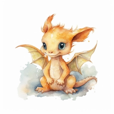 watercolor cute baby dragon clipart full body, flying and sitting, simplistic, charming sketches, warm color palette, hand painted, white background