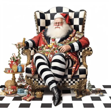 full body image of a jolly and plump Santa Claus Mackenzie Childs style, with a black and white harlequin belt, sitting in a black and white striped oversized chair and whimsical presents surrounding his chair clipart 8k white background