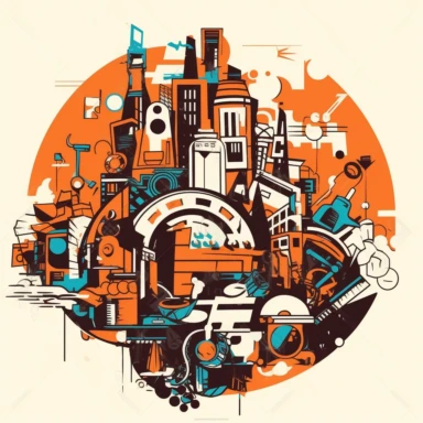 A clipart cartoonish vector, duotone abstract logo of metropolis made of stuff, items, household items, cool items