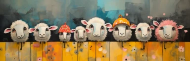 a row of cute miniature lambs, a collage of mixed media art made with tissue paper, magazine and newspaper clippings, oil paint, graphite pencil lines and fabric, in the style of playful surrealism, whimsical, washi tape