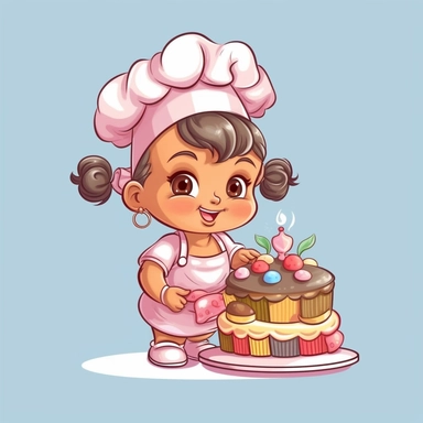 cartoon full body girl chef with a cake as a cute smiling baby, heavy lines, clip art, soft colours