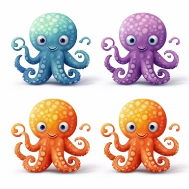 cute octopus in different colors, clipart, illustration by joe chou, white background