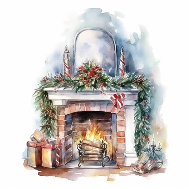 watercolor style, beautifully decorated christmas fireplace with slightly visible part of the wall behind it clipart, isolated on white background, 4K