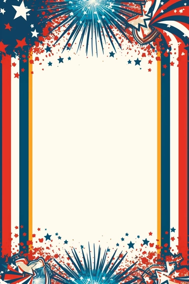 a simple 4th of july clip art vector boarder, american flag, stars, strips, fire works, white space for text in the middle