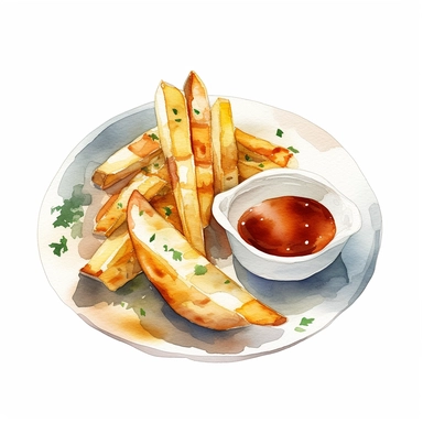 Watercolor detailed illustration ofPotato wedges served with dipping sauce on a plate, clipart, white background