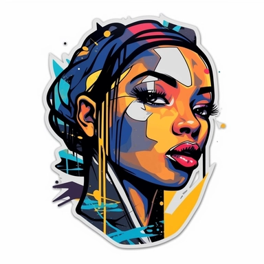 STICKER, a black and white clipart image of a black woman, urban, street art, colorful, destruction, degenerative lines, graffiti, full render, picture of beautiful black woman, spray paint,, colorful