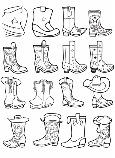 cowboy boot, coloring pages for kids, clipart set single elements with margin, full body, Kawaii, Chibi, black and white coloring book for kids toddlers, flat vector, simple line drawing, thick lines, very low detail