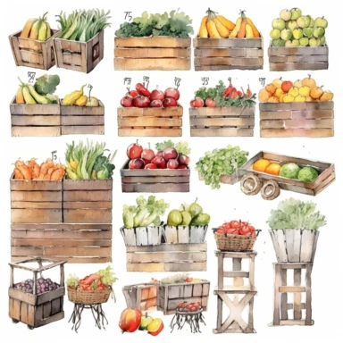 Watercolor Farmer's Market clipart: farmer, vegetables, baskets, boxes, trucks, carts, stalls