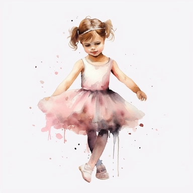 Little cute girl, ballerina, watercolor, clipart, pink wearing, realistic, making dance moves
