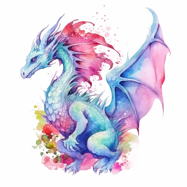 Whimsical watercolor clipart of a fantasy dragon, depicted with vibrant and captivating watercolor pigments, its majestic forms filled with intricate details, delicate brushstrokes, and mesmerizing color blends, capturing the essence of mythical creatures, perfect for adding a touch of magic and wonder to your designs
