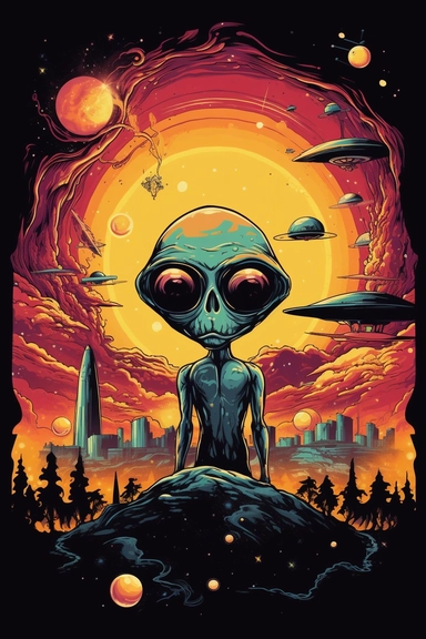 Artwork for t shirt graphic of majestic vibrant color magnificent funny Alien with planets and solarsystem in the Back, starting Rocket from the ground, in a pencil drawing style, A vibrant featuring a sun setting over a futuristic City, with a soft pink sky and a hint of orange in the horizon white background, colorful shades, Centered, highly detailed clean, vector image flat white background, isometric, vector image, clipart, front view, retro style, white background, colorful shades, highly 