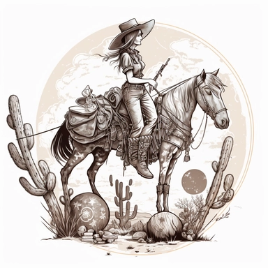 hand drawn clipart, country cowgirl with horse, rope, barrel. cactus, gun, mooon, stars, planets, cowboy hat, boots
