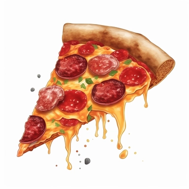 a nice slice of pizza with salami, pepperoni, olives and cheese dripping down against a white background, single design clipart, highly detailed, cartoon-style, 32k