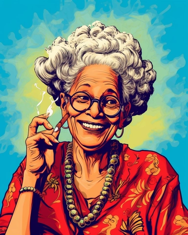 laughing funny Comic Book style Sassy hip African American Boho chic Grandma with long goddess braids puff puff pass Smoking a cuban cigar with smoke on the end tip og cigar clipart
