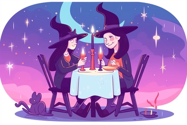 Cute Wizard on a magical candlelight dinner date with Cute Witch Clipart, on white background, spaced out, RGB, Romantic, Wizardcore, Witchcore, Multiverse, Ultra HD, hyperdetailled