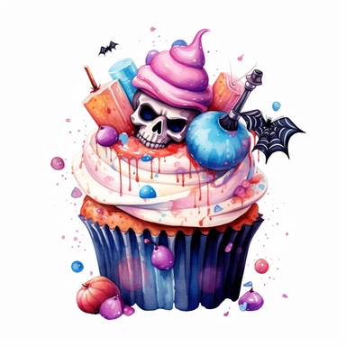 delicious Halloween cupcake with vibrant pink and blue, colours, witches hats, skulls, spiders and bats, pumpkins and candy confetti, owatercolour illustration clipart, extremely detailed, 4k, high quality, isolated on white background