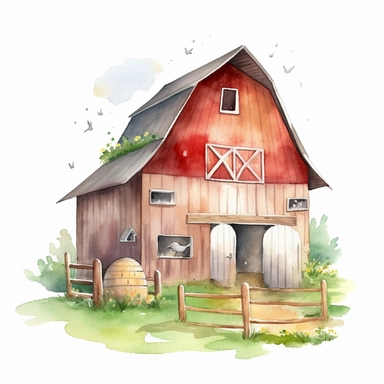 Barn, watercolor, doodle,fable, child book, clip art, transparent background, 300 dpi, nursery illustration, minimalist, vector illustration, optimistic
