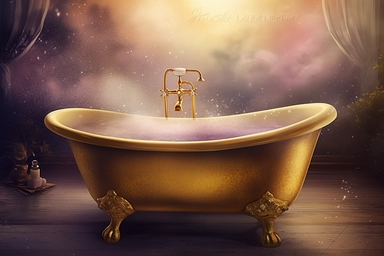 realistic clipart gold bathtub in foggy enchanted outer space, digital painting