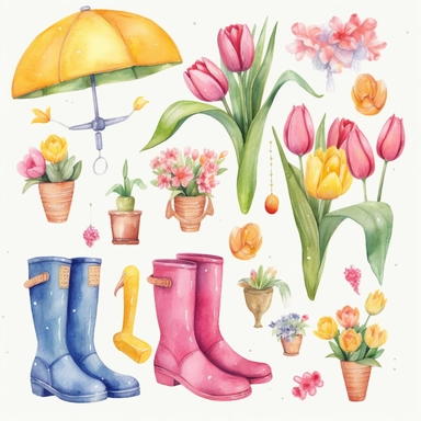 Watercolor Spring Clipart, Spring Clip Art, Flowers, Spring, Rainboot, Bird, Umbrella, Bicycle, Gardening, Tulips, Watercolour Clip Art