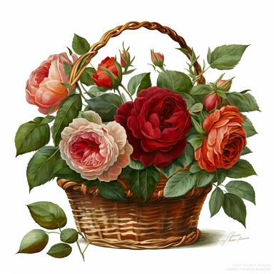 realistic hand painted watercolor of a basket of david austin english red roses, clean white background, clipart