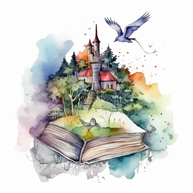 Watercolor Fantasy open Books Clipart with fantasy castlle, birds, trees, forest, clouds, rambo and very detalied, gotic vibe, the perspective is from a road from forest mistic look, magic colorful admosfere, hight quality white background