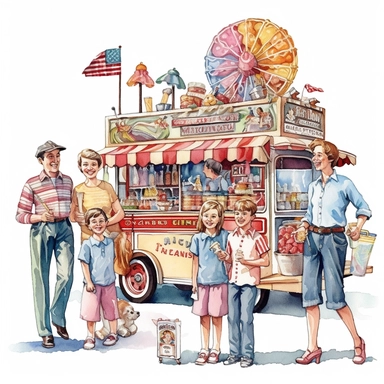 A family enjoying a day at a vintage amusement park, riding a wooden roller coaster, playing carnival games, and indulging in sweet treats from a vintage-inspired candy cart, clipart, watercolor, white background, american style, extremely-detailed, high quality