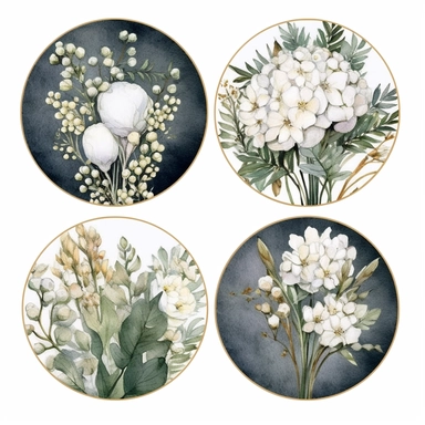 circle tag template, intricate three small bouquets of white floral watercolor clipart, luxurious textures, nature-inspired pieces, very high resolution