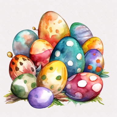 watercolor, spring Easter Eggs png Full body realistic cartoon in 32K UHD cute. 15 cm thick outline. Black color. There was no shadow on the ground. 8k with realistic watercolors and detailed illustrations. PNG clipart, transparent white background
