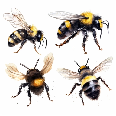 simple bumblebees, 4 wings, four wings, basic, like a logo, iconic, wind, fanstasy, free brushstrokes, magical, watercolour illustration. colourful, white background isolated. aquarellist, fantasy, cute, clipart, cottagecore,