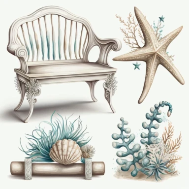 Boho nautical style, wedding bench, sea star, seashell, fantasy, white background, watercolor, hyperrealism, high detail, separate elements, set, clipart