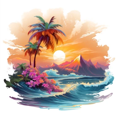 artwork majestic palm tree in digital painting style, beautiful flowers, sunrise mountain and clouds, big sea waves, water splashes, water splashes, white background, colorful fantasy flower surround, highly detailed clean, vector image, photorealistic master piece, professional photography, realistic, flat white background, isometric, vibrant vector, clipart, illustration, realism, 4k, cinematic, front view, white background