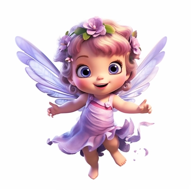 a beautiful happy baby fairy girl, purple flowered dress, blue eyes, highly detailed image, full body image, big wings, pixar style, clipart, white background,