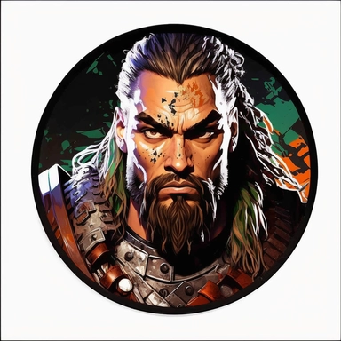 badass noble soldier handsome Jason Momoa, Dungeons & Dragons, handpainted enamel punk fashion poster, clipart illustration, circle white background, circle border