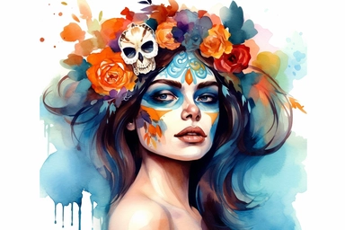 beautiful girl holding a insulin vial, half of her face is a skull, colorful vibrant flowers, watercolor clipart