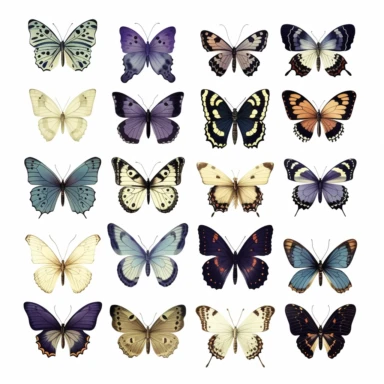 Generate vintage ephemera clipart of butterflies suitable for printing in a junk journal. The images should be in a variety of sizes, ranging from small to large, and should be able to be easily resized without losing quality. Please include a mix of different butterfly species and designs, with a focus on intricate details and vintage charm