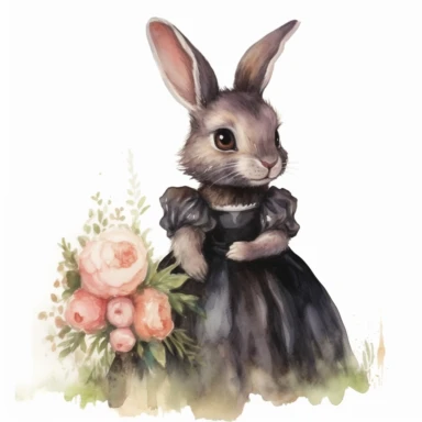 watercolour clipart illustration of cute shy modest black baby bunny looking to the left wearing a beautiful wedding dress, standing in woodlands background on grass with roses on white background, in the style of hyper-realistic animal illustrations, i can't believe how beautiful this is, childlike illustrations, close up, earthy tones