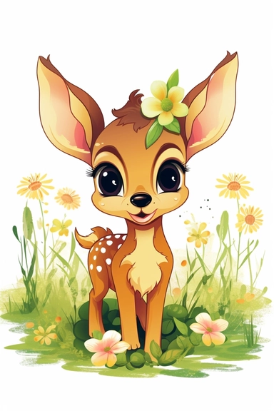 Colorful cute and cute insect fawn, Mambi walt disney,maximum 6 colors, flat colors, vector,meadow with flowers and green leaves, meadow with flowers and green leaves, walt disney style, color, 4k, quality, detailed, clipart, clipart, sticker, cute, light pastel colors, smile, black outline only, cartoon high contrast black and white illustration happy cartoon, cartoon style illustration, children's book illustration,
