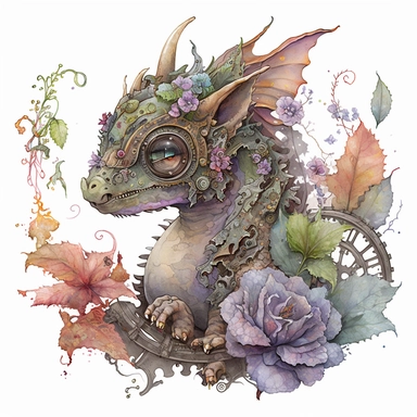 portrait of a watercolor baby dragon, surrounded by flowers and cogs, steampunk style, highly detailed, clipart, white background, Chinese watercolor painting, in the style of akihiko yoshida