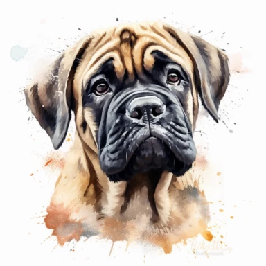 cute English Mastiff dog portrait, full face, centered shot, side shot, dynamically posed, in action, playful mood, happy mood, playing mood, cute face, adorable smile, childlike eyes, clean watercolor illustration, white background, nursery baby imagery, painting, detailed, 8k, PNG, clipart,