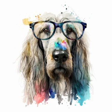 a watercolor painting of a Afghandog Hound COOL with glasses, clipart, white background