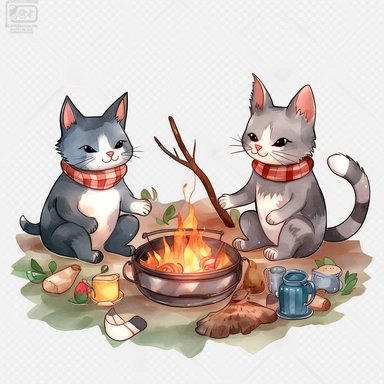Watercolor group of friends three four people camping bbq cat smile png Full body realistic cartoon 32k UHD cute. 15 cm thick outline. Black color. There was no shadow on the ground. with realistic watercolors and detailed illustrations. Cartoon, PNG clipart, transparent white background