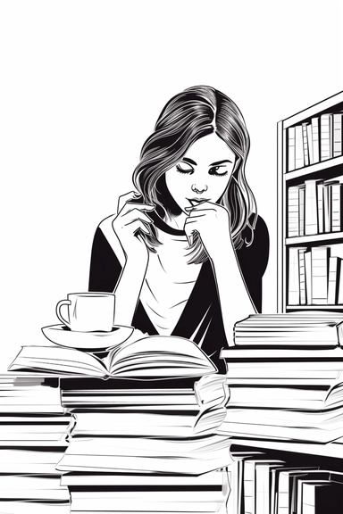 black and white Line Art beautiful young modern Woman drinking coffee at her desk with Lot of books, isolated handpainted minimalist Logo style, thin outline Line Art cartoon Clipart Style, White Background