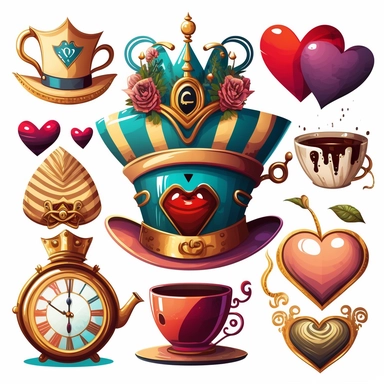 collection of big crazy hat , teapot,magic book, teacup, hearts cards, gold melted clock,striped cat ,queen of hearts vector clipart on white background