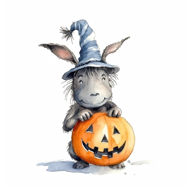 E.H. Shepard's Eeyore donkey in a Halloween theme wearing a pumpkin hat, with a Jack-o-lantern basket in its mouth also be wearing a black and orange bowtie, and have little bat wings on its back, white background Clipart watercolour (blue toy donkey) on white background in the style of lizzie mackay, in the style of E.H Shepard, sparklecore, twinklecore, whimsical animation, exquisite detail, high resolution, children illustration, magical, whimsical, twinkle lights, pastel, beautiful, sparkly,