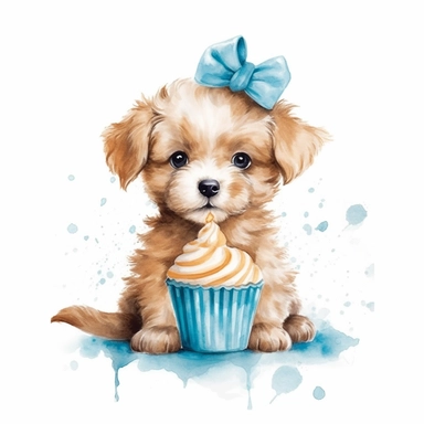 watercolor illustration, cute dog with blue bow and birthday cupcake, friendly face expression, standing, nursery art, white background, clipart style, cute style
