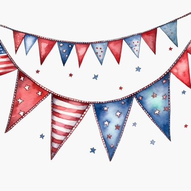 watercolor, 4th of July Patriotic bunting - Clip art of patriotic bunting or flag garland in red, white, and blue. png Full body realistic cartoon in 32K UHD cute. 15 cm thick outline. Black color. There was no shadow on the ground. 8k with realistic watercolors and detailed illustrations. PNG clipart, transparent white background