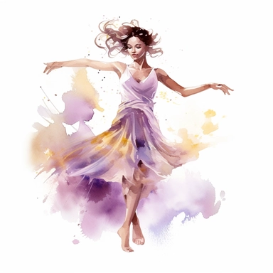 girl dancing, in the style of watercolor illustrations, pink and gold, soft lilac, serenity and harmony, various stroke techniques, on white background, clipart