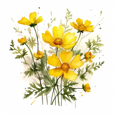 Watercolor Yellow Wild Flowers Clipart, April Flowers, Floral Bouquet, White Background, no caption, by Hiroko Koshino